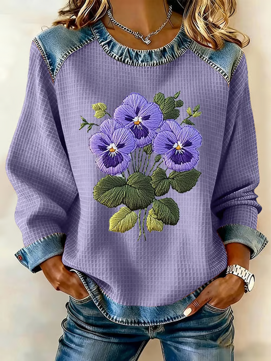 Women's Purple Pansy Flowers Print Casual Sweatshirt