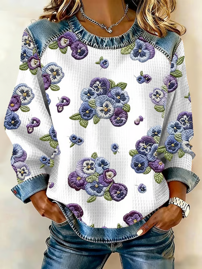 Women's Purple Pansy Flowers Print Casual Sweatshirt