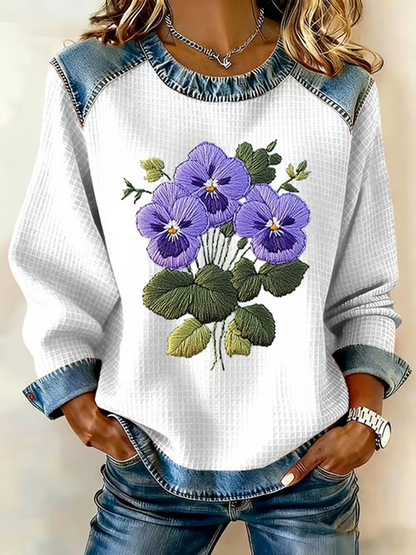 Women's Purple Pansy Flowers Print Casual Sweatshirt