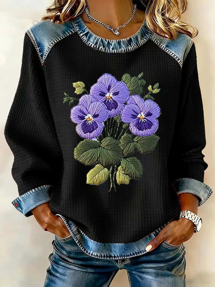 Women's Purple Pansy Flowers Print Casual Sweatshirt