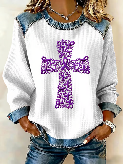 Women's Purple Ribbon Cross Print Casual Sweatshirt