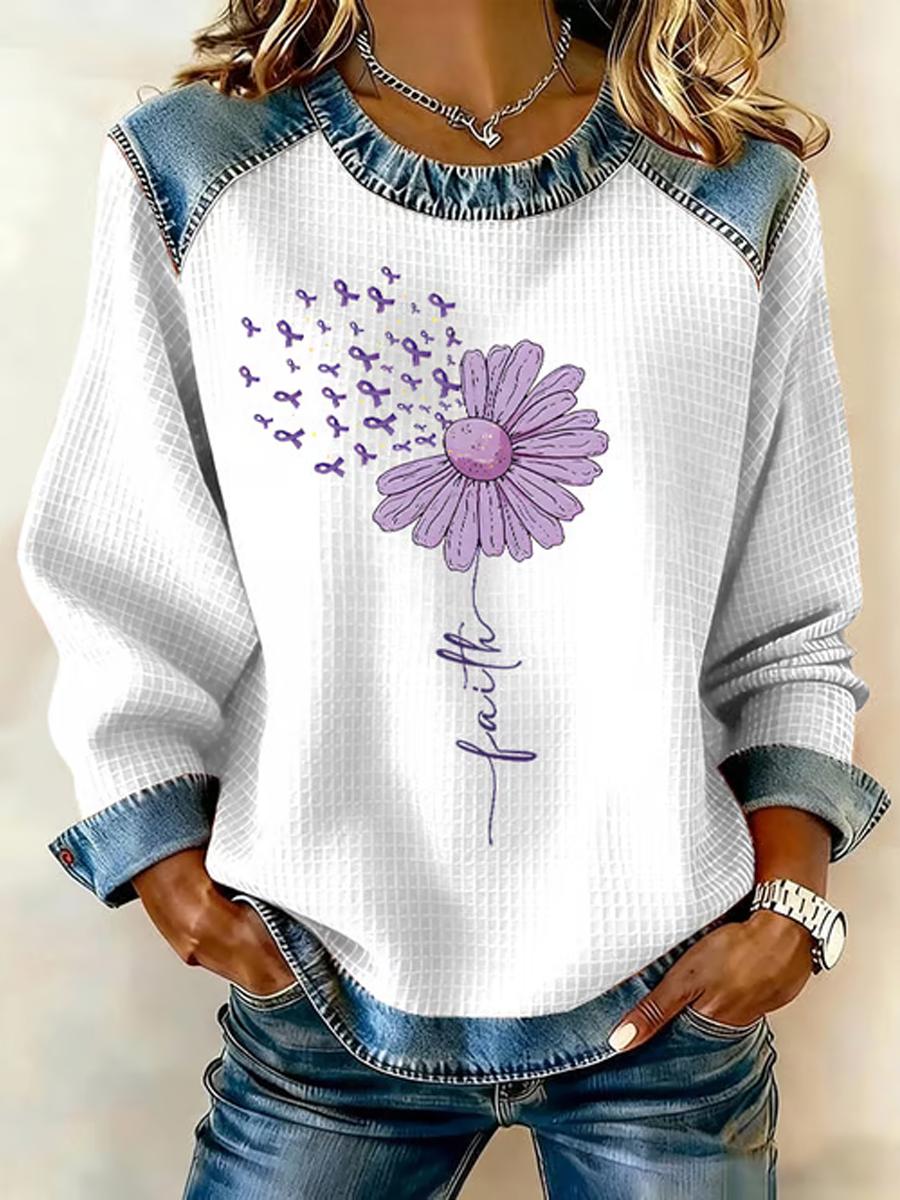 Women's Faith Flower Purple Ribbon Print Casual Sweatshirt