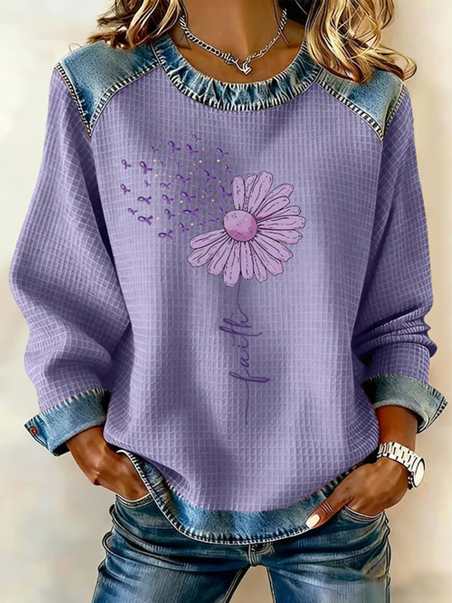 Women's Faith Flower Purple Ribbon Print Casual Sweatshirt