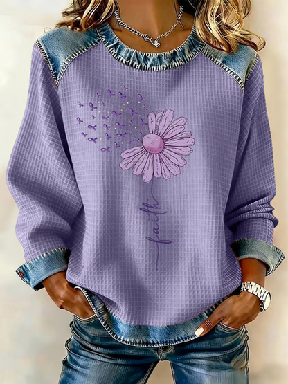 Women's Faith Flower Purple Ribbon Print Casual Sweatshirt