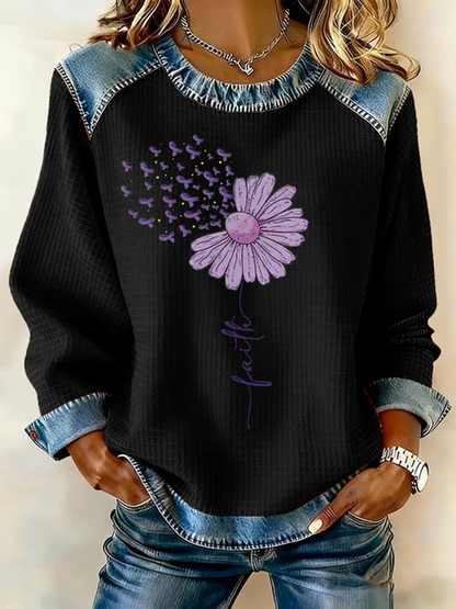 Women's Faith Flower Purple Ribbon Print Casual Sweatshirt