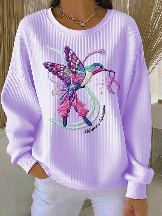 Women's Casual Retro Purple Hummingbird Alzheimer's Textured Sweatshirt