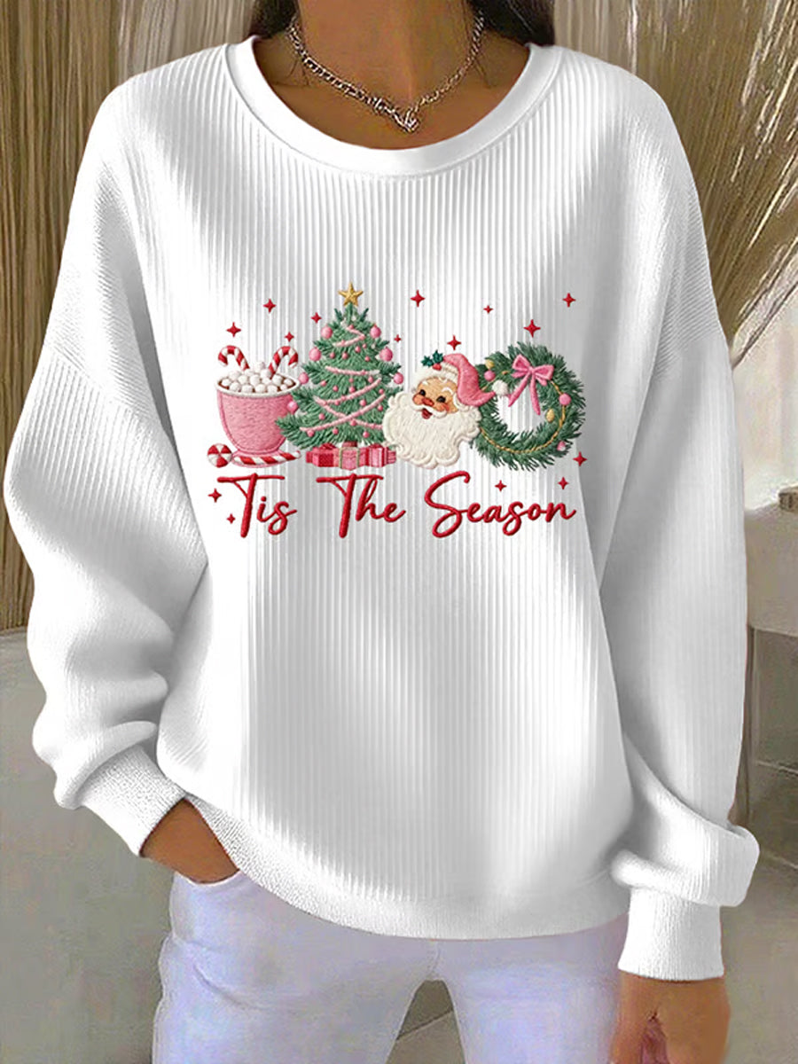 Women's Merry Christmas Christmas Santa Claus Christmas Tree Print Ribbed Round-Neck Sweatshirt