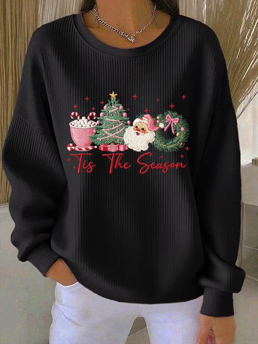 Women's Merry Christmas Christmas Santa Claus Christmas Tree Print Ribbed Round-Neck Sweatshirt