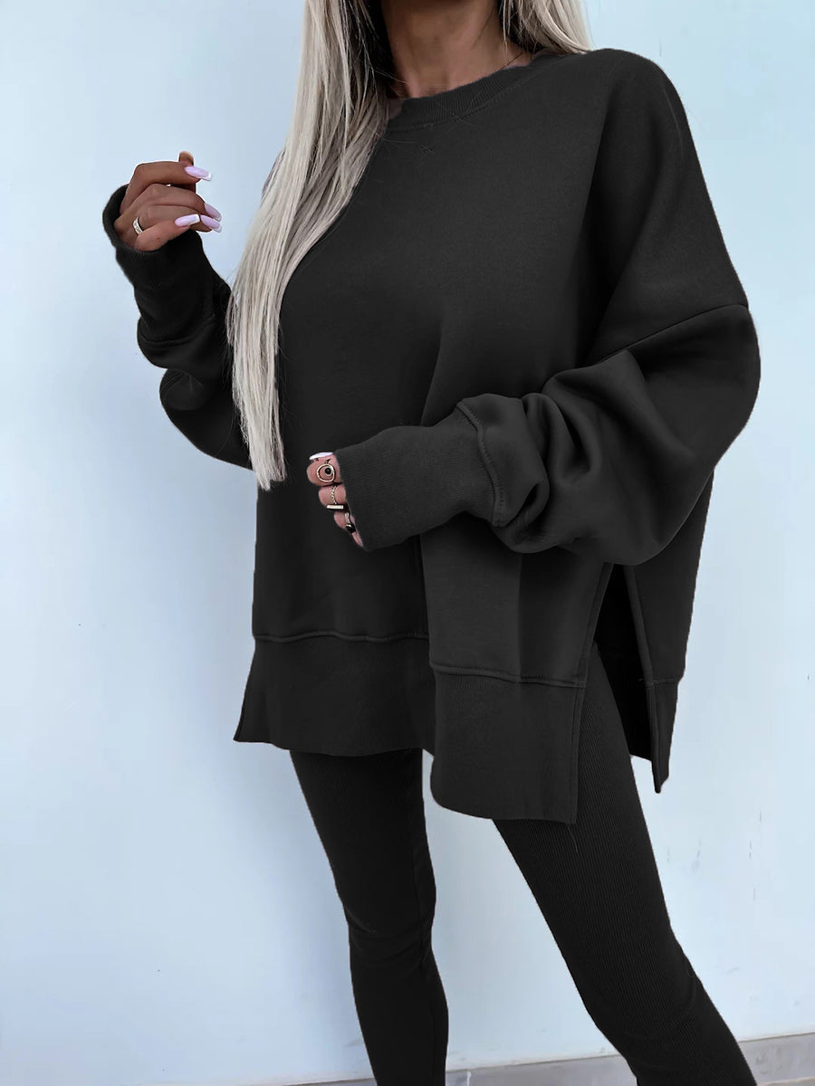 Women's Comfy Loose Slit Sweatshirt and Elastic Waist Tight Pants Set