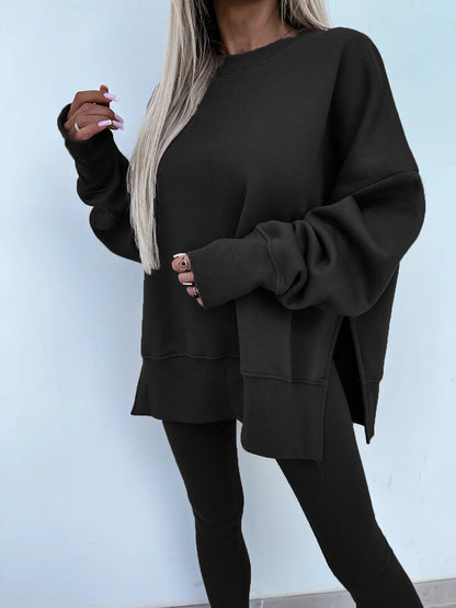 Women's Comfy Loose Slit Sweatshirt and Elastic Waist Tight Pants Set