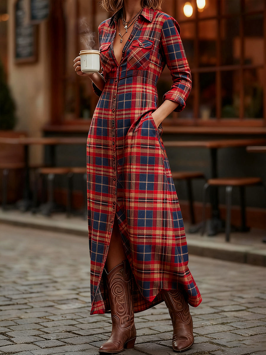 Women's Vintage Plaid Pattern Maxi Dress