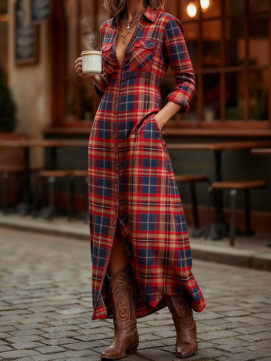 Women's Vintage Plaid Pattern Maxi Dress