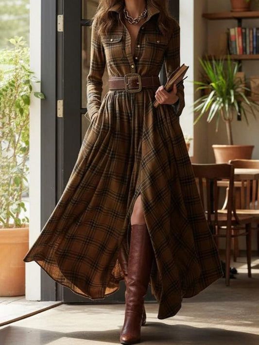 Women's Vintage Plaid Pattern Elegant Maxi Dress