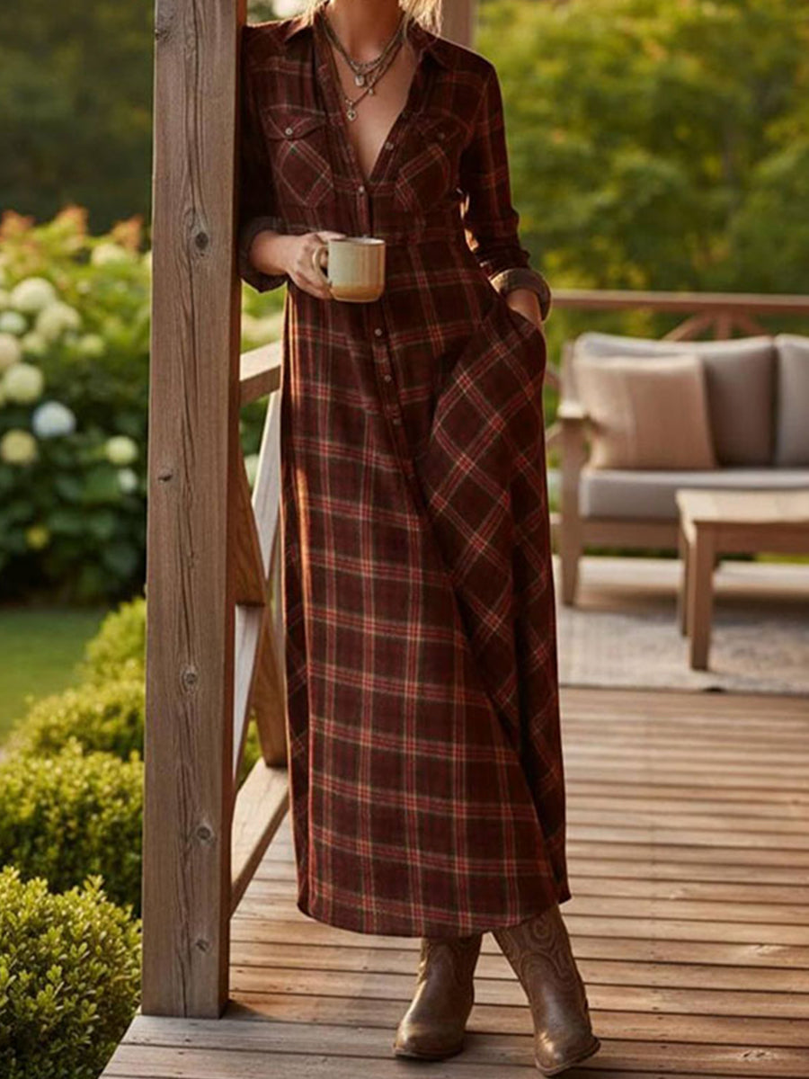 Women's Vintage Plaid Pattern Maxi Dress