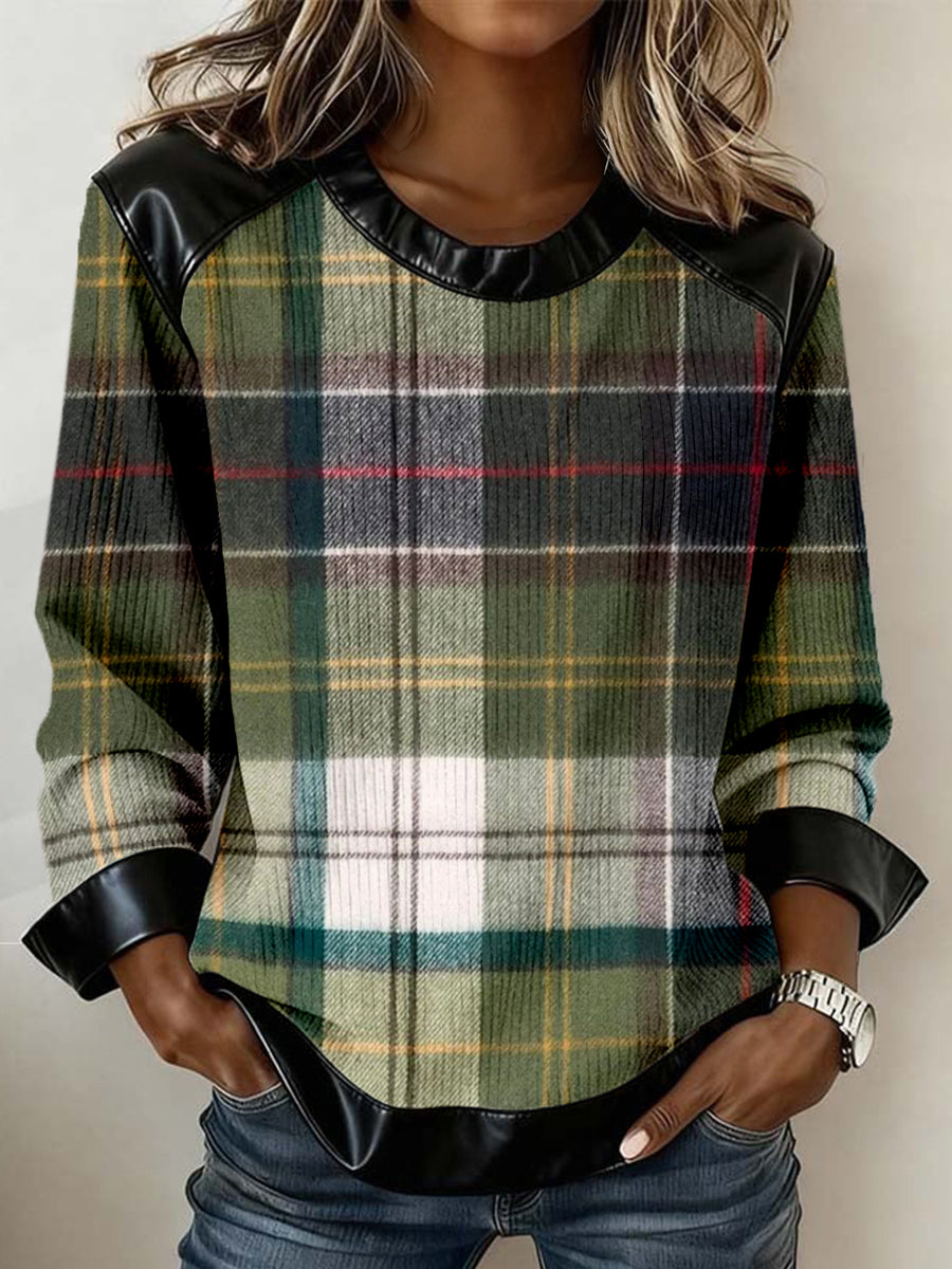Women's Vintage Plaid Pattern Leather Patchwork Sweatshirt