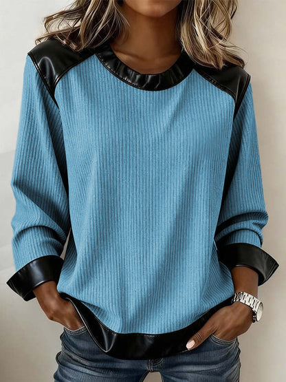 Women's Leather Patchwork Design Vintage Sweatshirt