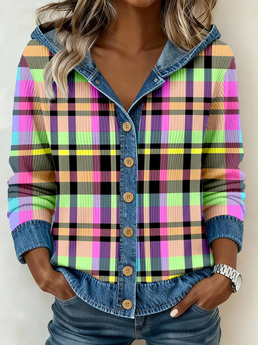 Women's Vintage Plaid Print Denim Patchwork Hooded Cardigan