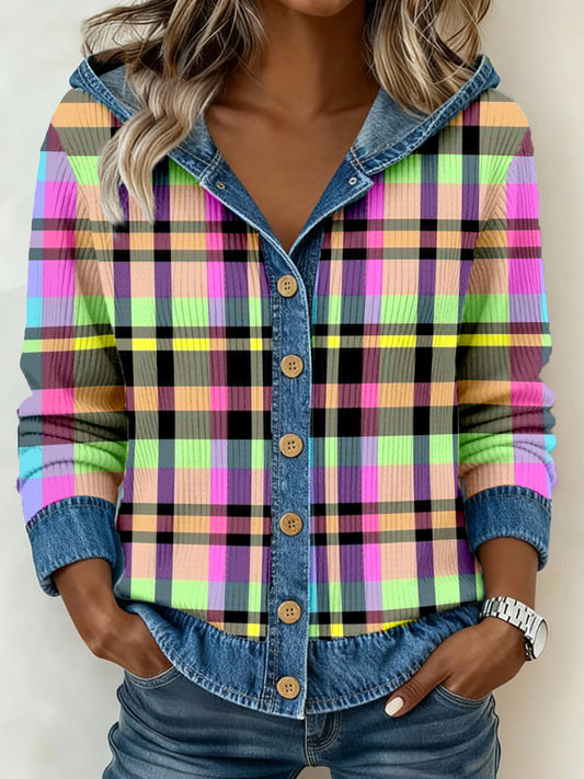 Women's Vintage Plaid Print Denim Patchwork Hooded Cardigan