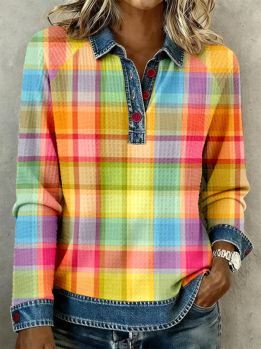 Women's Multicolor Plaid Print Denim Patchwork Top