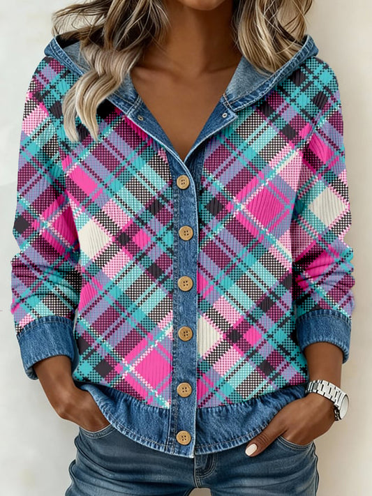 Women's Vintage Plaid Print Denim Patchwork Hooded Cardigan