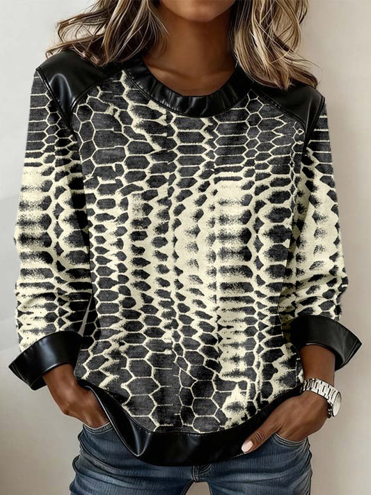 Women's Animal Texture Art Print Leather Patchwork Sweatshirt