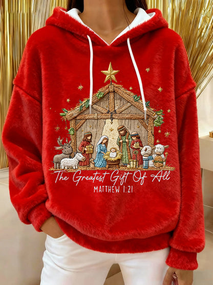 Women's The Greatest Gift Of All Jesus Nativity Christian Christmas Casual Flannel Hoodie
