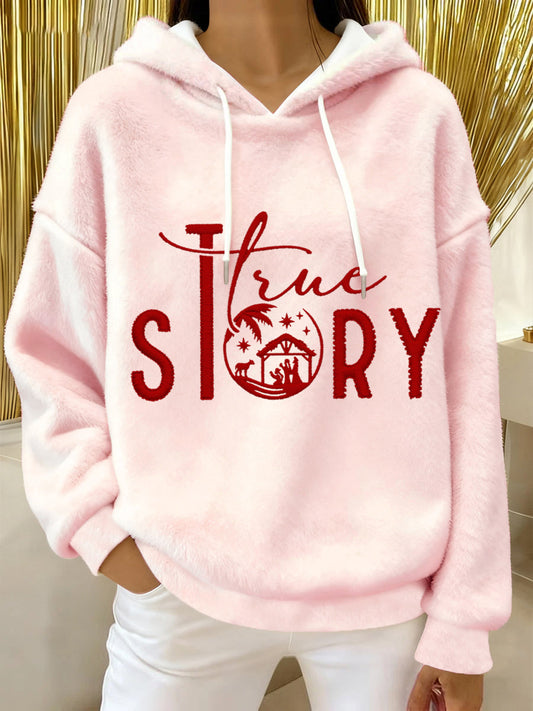 Women's True Story The Greatest Gift Of All Jesus Nativity Christian Christmas Casual Flannel Hoodie