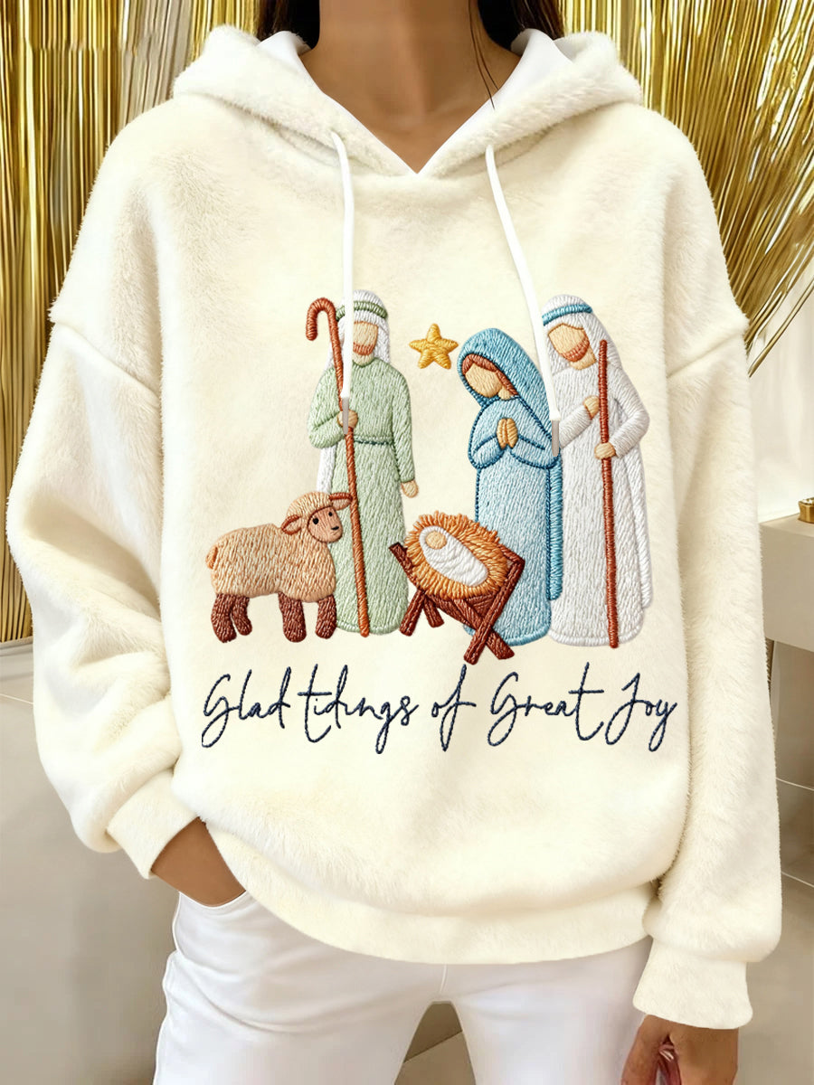Women's Glad Tidings Of Great Joy Jesus Nativity Christian Christmas Flannel Hoodie