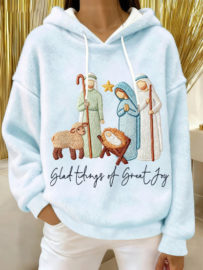 Women's Glad Tidings Of Great Joy Jesus Nativity Christian Christmas Flannel Hoodie