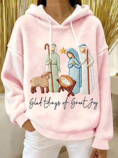 Women's Glad Tidings Of Great Joy Jesus Nativity Christian Christmas Flannel Hoodie