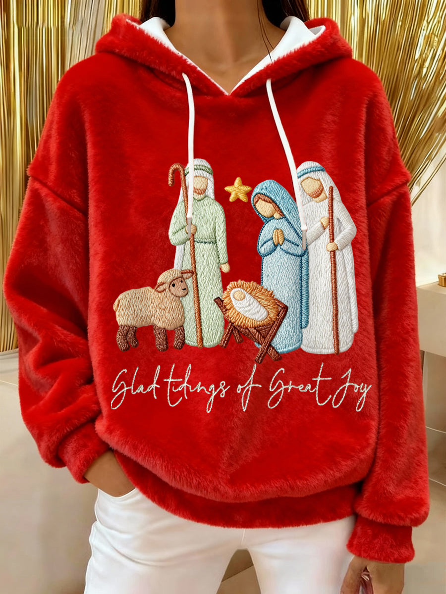 Women's Glad Tidings Of Great Joy Jesus Nativity Christian Christmas Flannel Hoodie