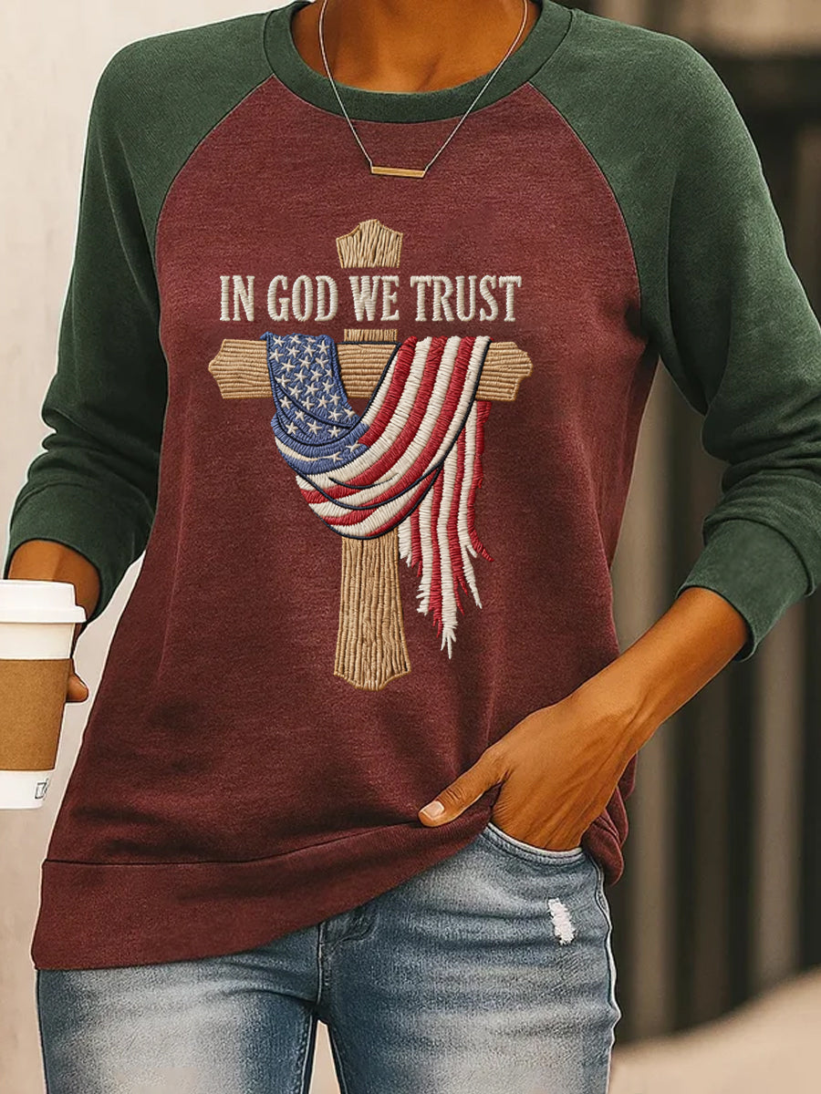 Women's In God We Trust USA Flag Cross Print Casual Sweatshirt