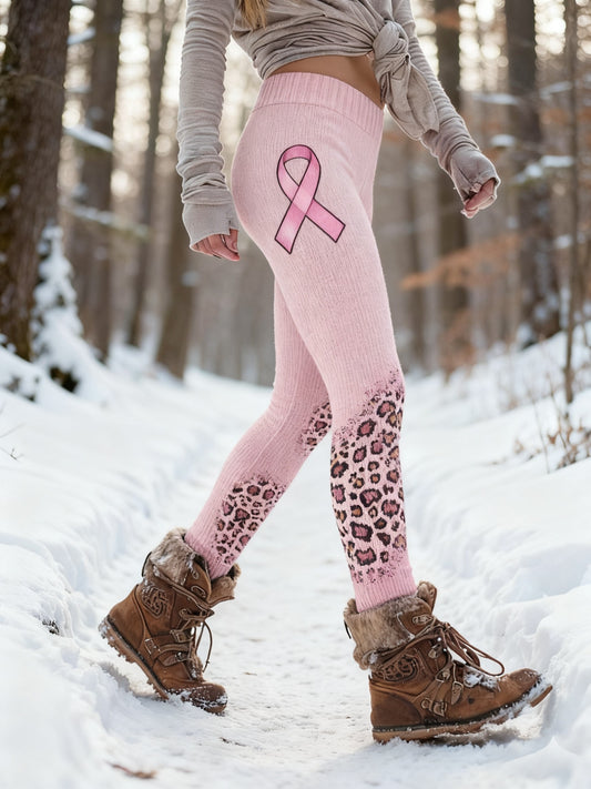 Women's Retro Breast Cancer Awareness Leopard Print Sports Stretch Leggings