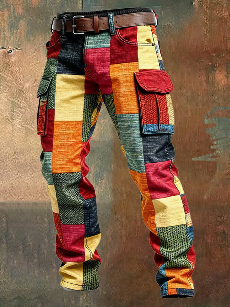 Men's Retro Color Block Distressed Pocket Cargo Pants