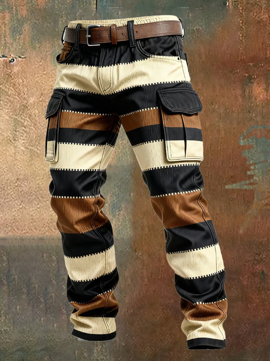 Men's Retro Color Block Distressed Pocket Cargo Pants