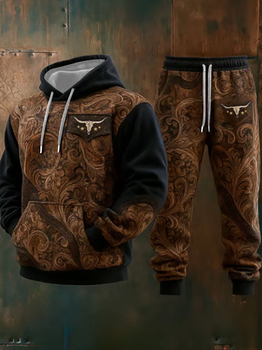 ✈️Free Shipping✈️Men's Western Style Bull Art Print Casual Hooded Trousers Two-Piece Set