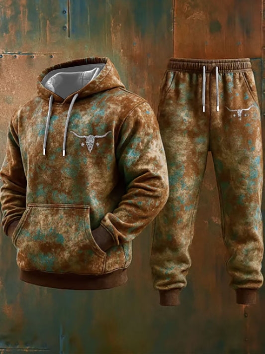 ✈️Free Shipping✈️Men's Western Style Bull Art Print Casual Hooded Trousers Two-Piece Set