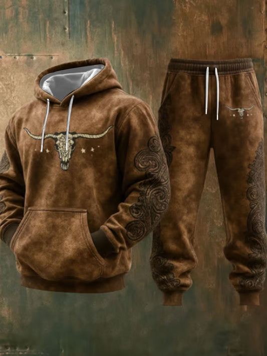 ✈️Free Shipping✈️Men's Western Style Bull Art Print Casual Hooded Trousers Two-Piece Set