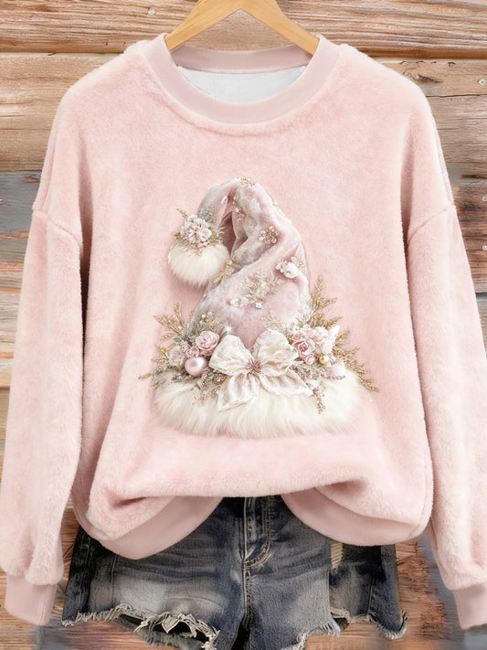 Women's Pink Christmas Santa Hat Art Flannel Hoodie