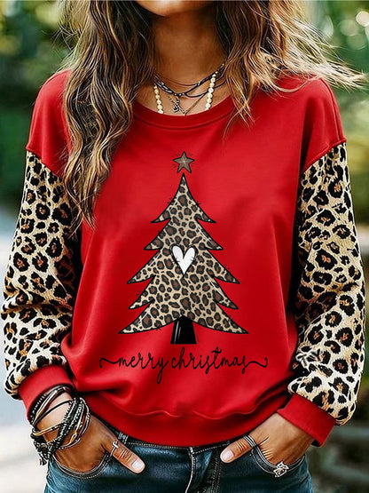 Women's Leopard Christmas Tree Print Casual Sweatshirt