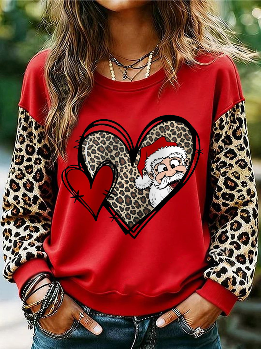 Women's Christmas Leopard Santa Claus Love Heart Print Casual Sweatshirt
