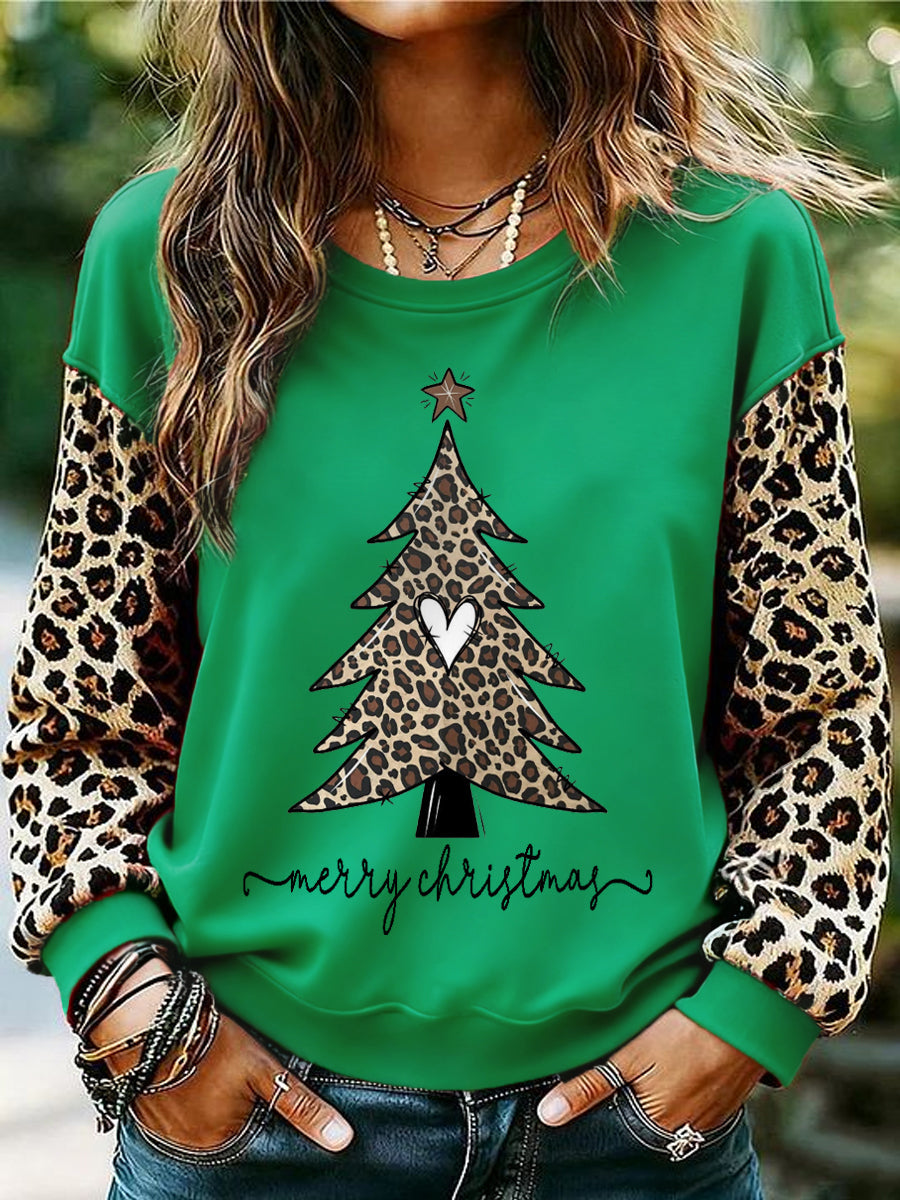 Women's Leopard Christmas Tree Print Casual Sweatshirt