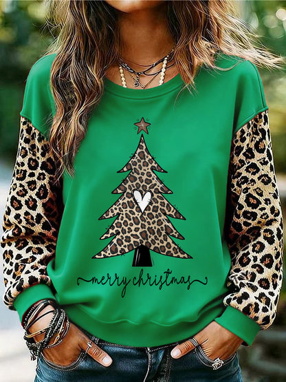 Women's Leopard Christmas Tree Print Casual Sweatshirt