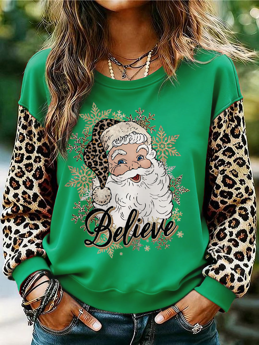 Women's Believe Santa Claus Leopard Print Christmas Casual Sweatshirt