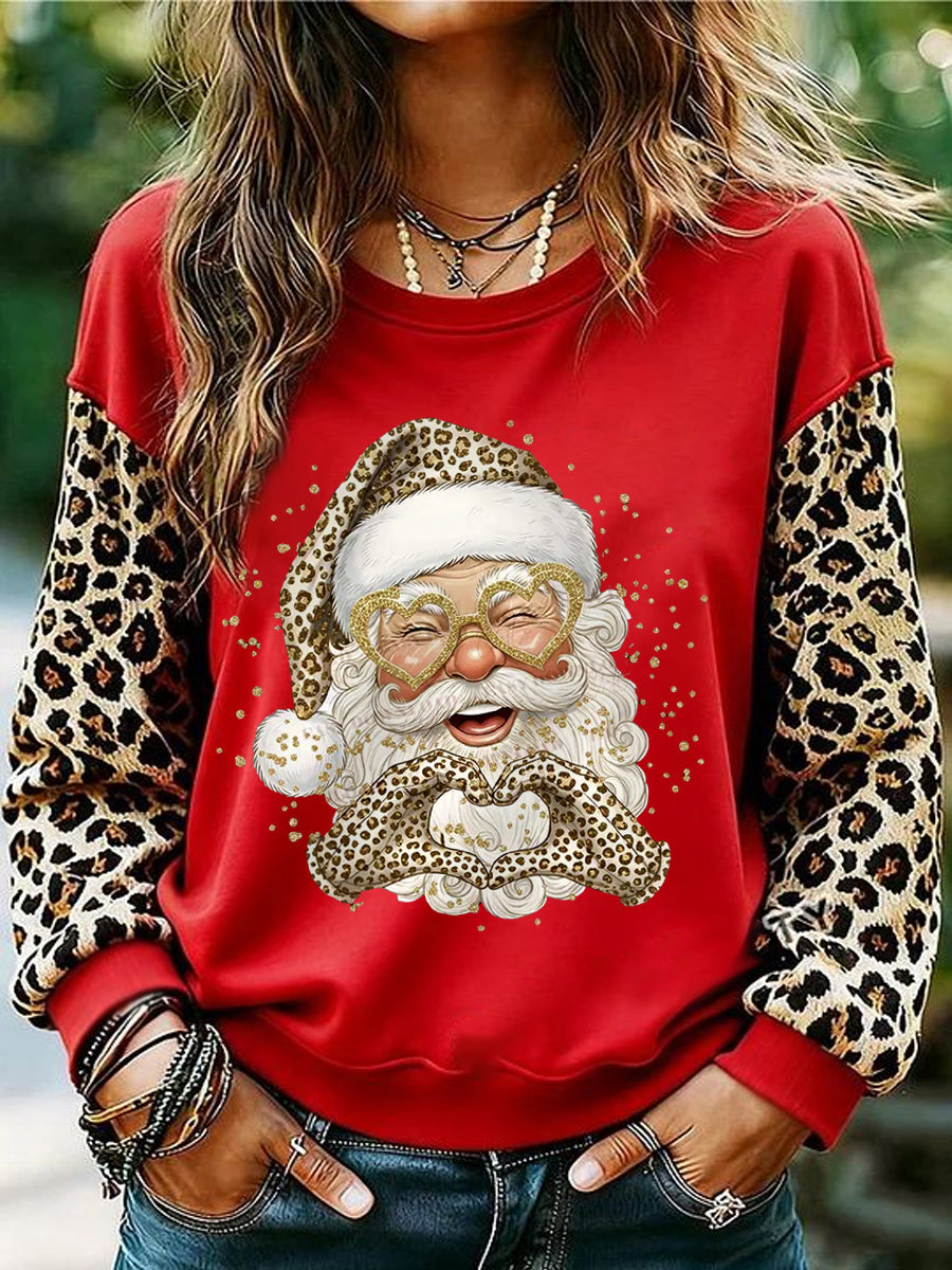 Women's Leopard Santa Claus Print Christmas Casual Sweatshirt