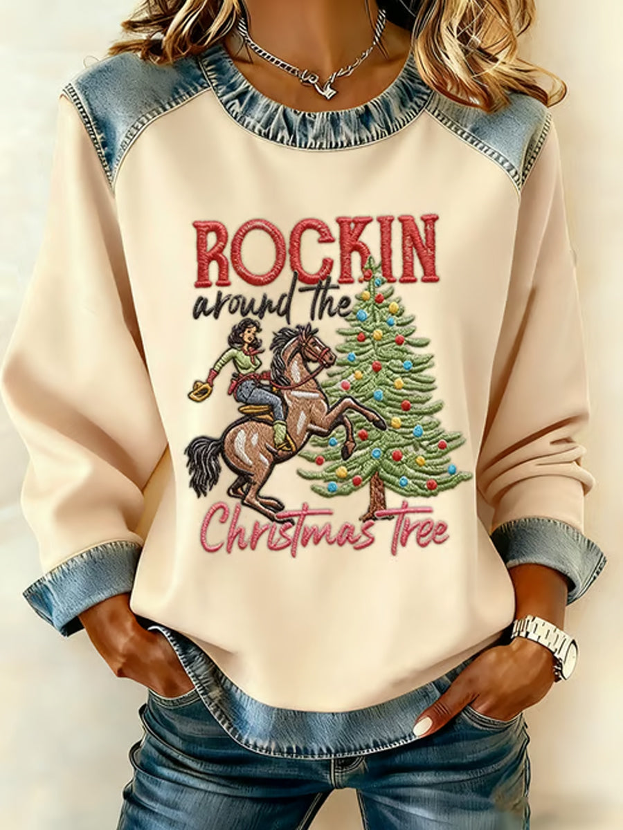Women's Casual Retro Western Christmas Color Block Sweatshirt