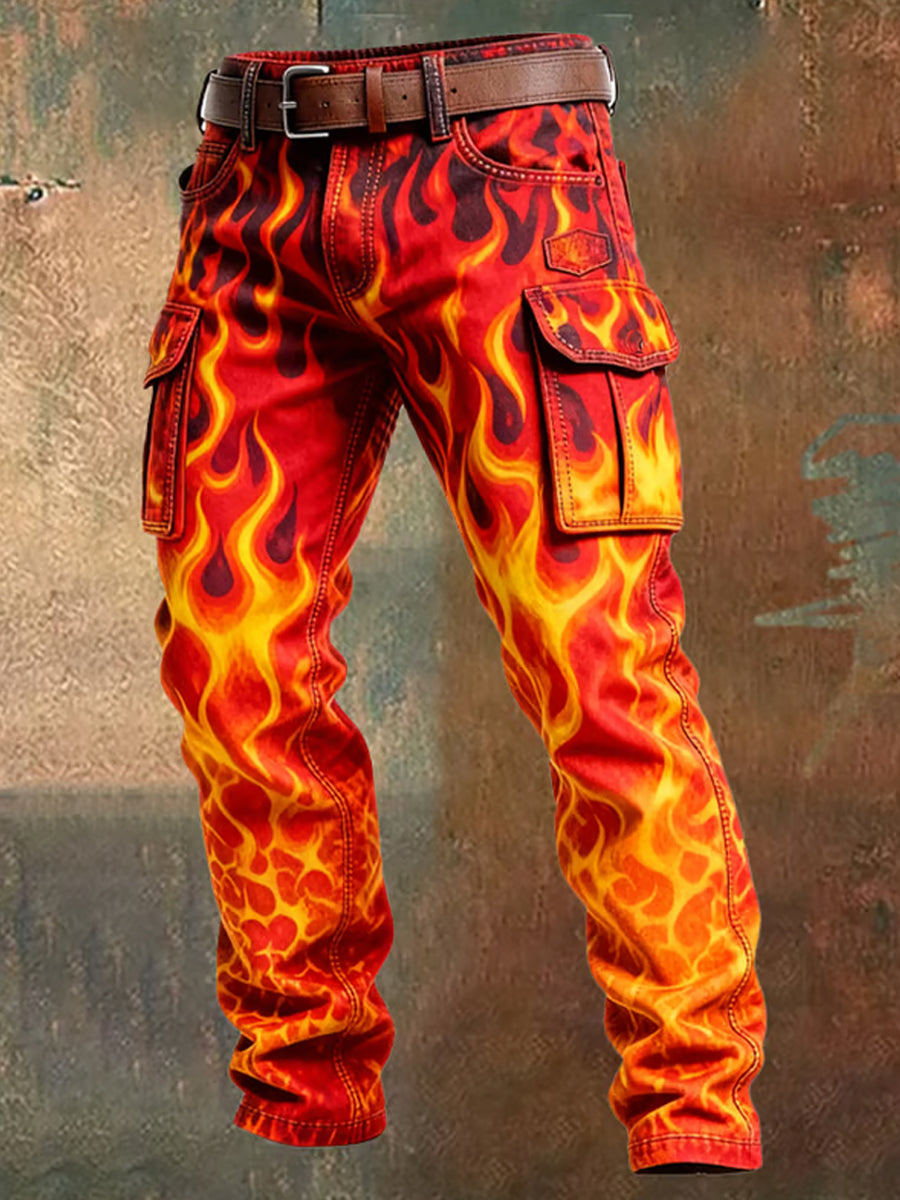 Men's Retro Flame Color Block Distressed Pocket Cargo Pants