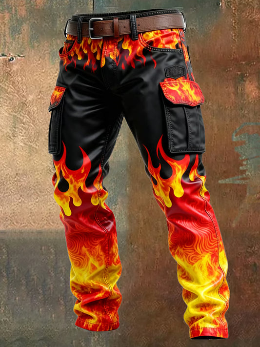Men's Retro Flame Color Block Distressed Pocket Cargo Pants