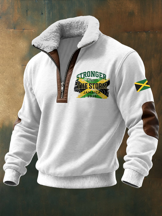 Men's Hurricane Melissa Printed Long Sleeved Stand Up Collar Lambhair Zipper Top