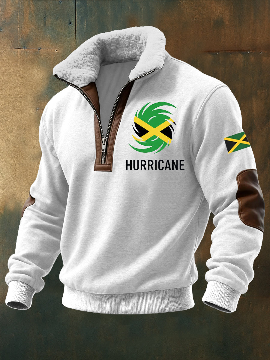 Men's Hurricane Melissa Printed Long Sleeved Stand Up Collar Lambhair Zipper Top